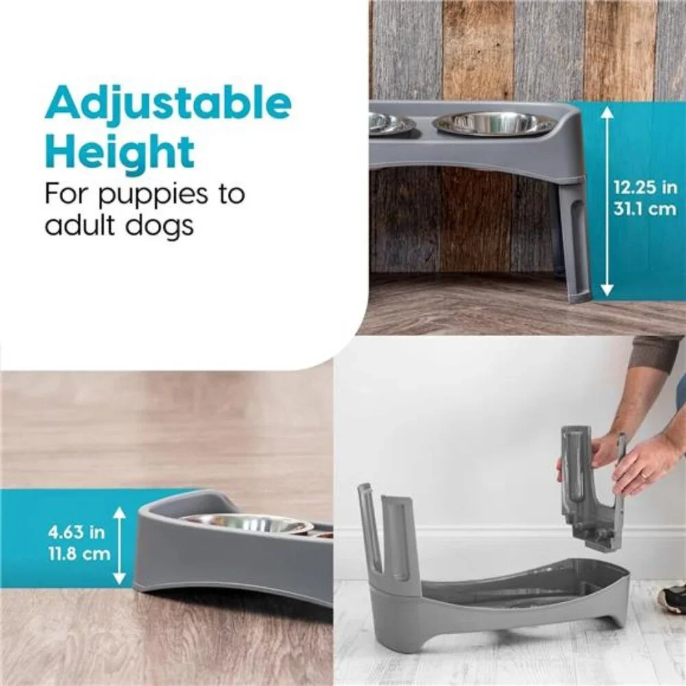 Elevated Dog Bowls, Adjustable Height, 2 Thick 64 oz Stainless Steel Bowls